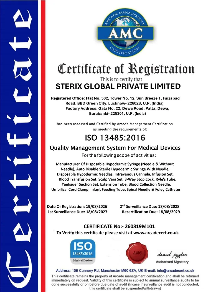 ISO 13485:2016 certificate issued to Sterix Global Private Limited