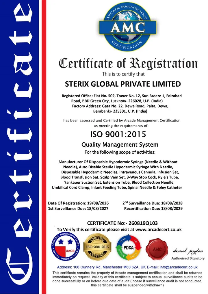 ISO 9001:2015 certificate issued to Sterix Global Private Limited